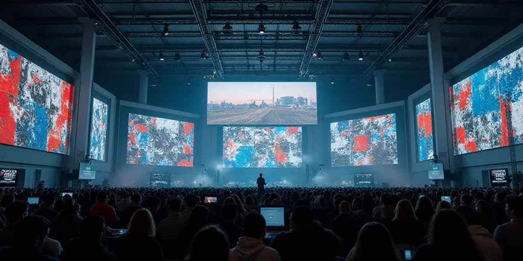 a large room with a lot of monitors and flags on the walls and a lot of people on the floor, David D