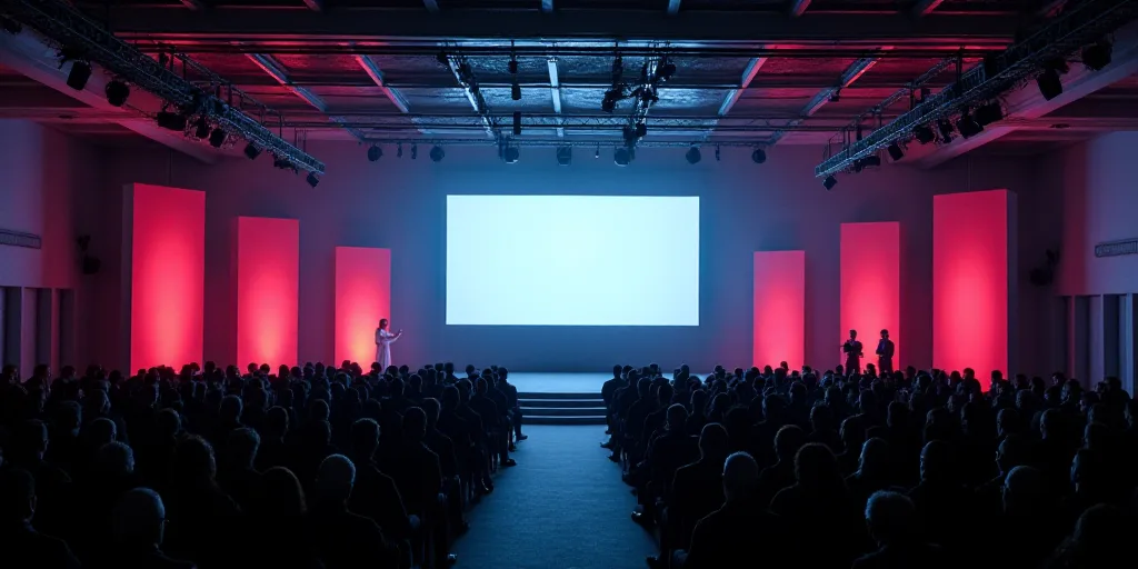 a large room with a lot of people in it and a big screen in the center of the room, Edi Rama, open c