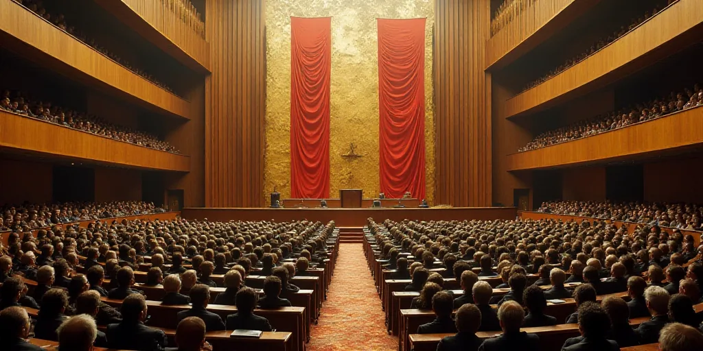 a large room with a lot of people in it and a flag on the wall above the podiums, David Alfaro Sique