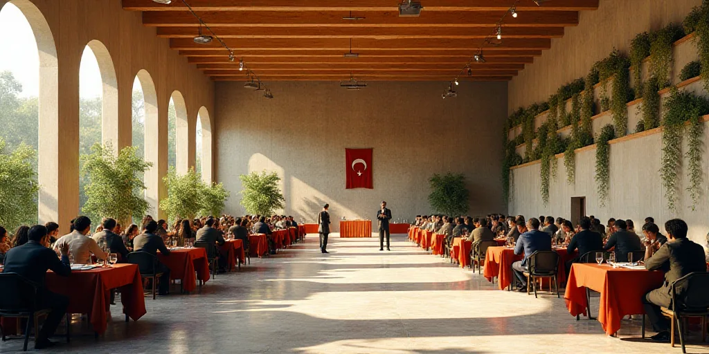 a large room with a lot of people sitting at tables and a wall with plants on it and a flag hanging