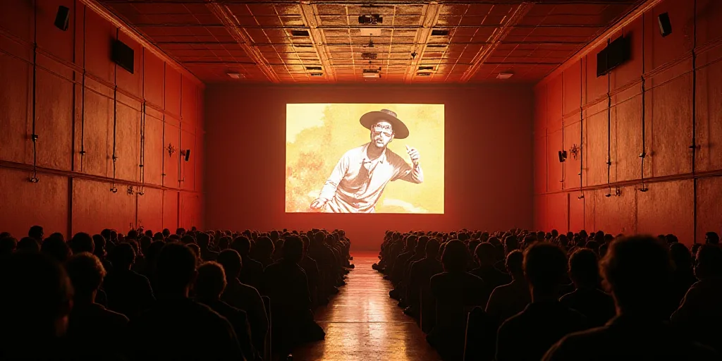 a large room with a lot of people in it and a big screen in the center of the room, David Alfaro Siq