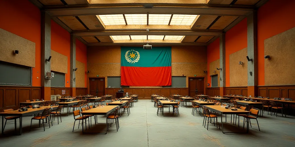 a large room with a lot of tables and chairs in it and a flag on the wall above it, David Alfaro Siq