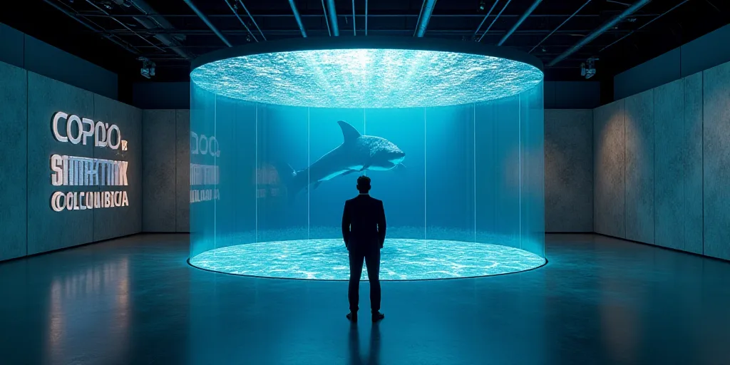 a large room with a sign that says shark tank columbia on it and a picture of a man in a suit, Aquir