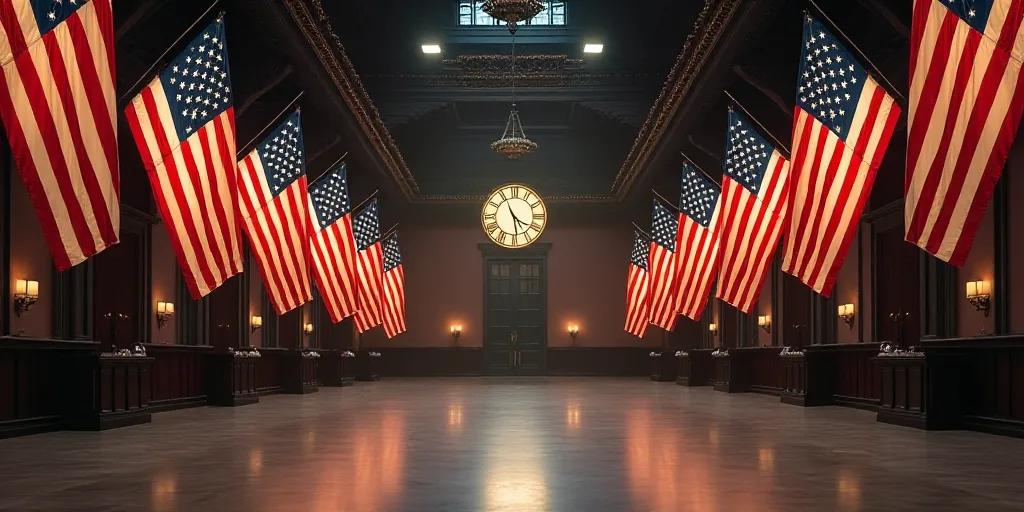 a large room with american flags hanging from the ceiling and a clock on the wall in the center of t