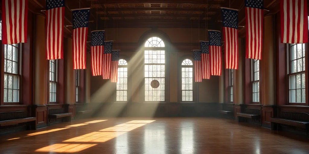 a large room with american flags hanging from the ceiling and a clock on the wall in the center of t