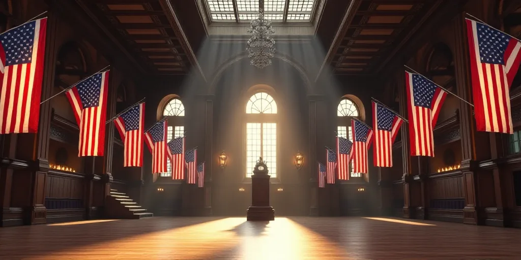 a large room with american flags hanging from the ceiling and a clock on the wall in the center of t