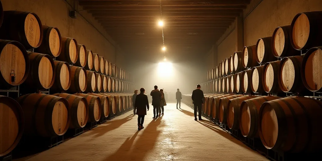 a large room with many barrels of wine in it and a few people standing around it looking at them, En