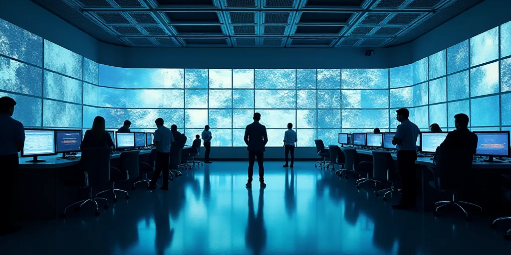 a large room with many monitors and people walking around it and a man standing in the middle of the