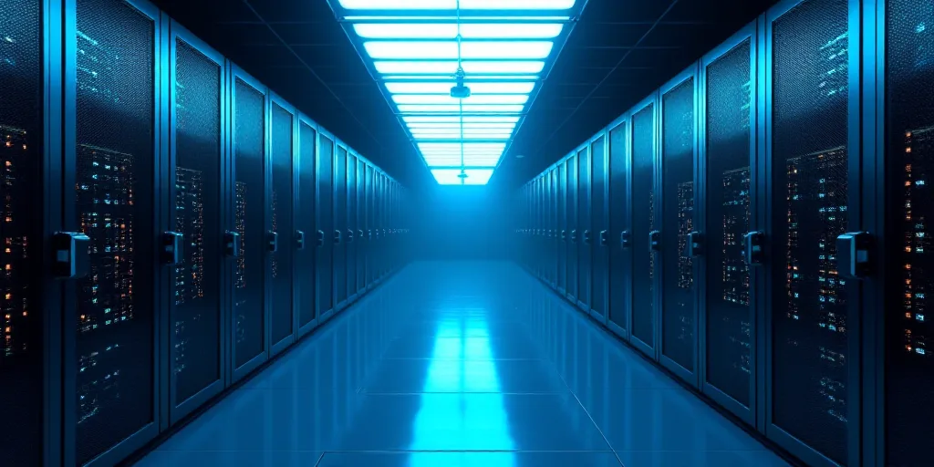 a large room with many rows of servers in it and a blue light shining on the ceiling above the room,
