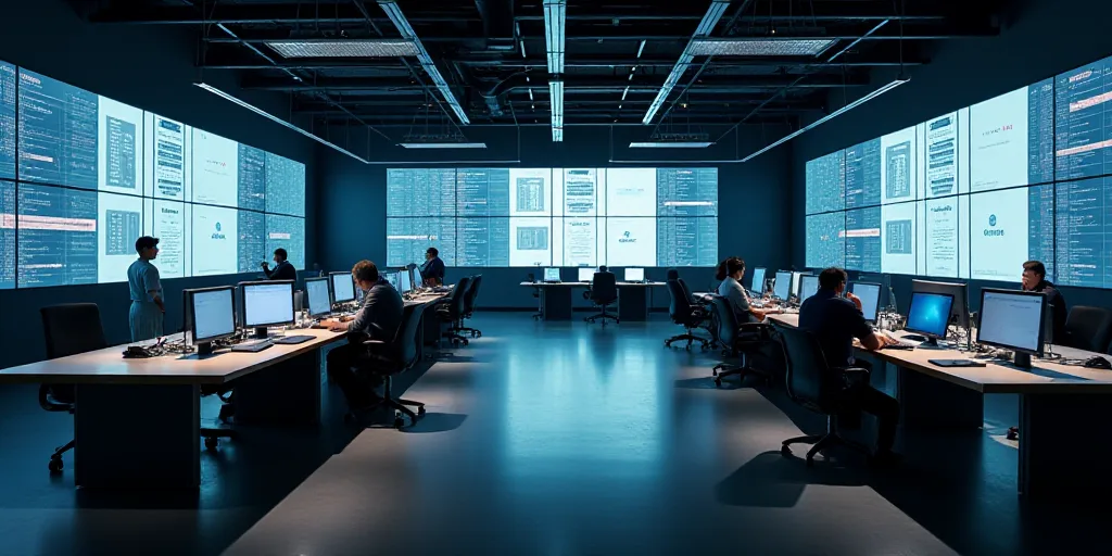 a large room with multiple monitors and tables in it's center area, with people working at tables, E