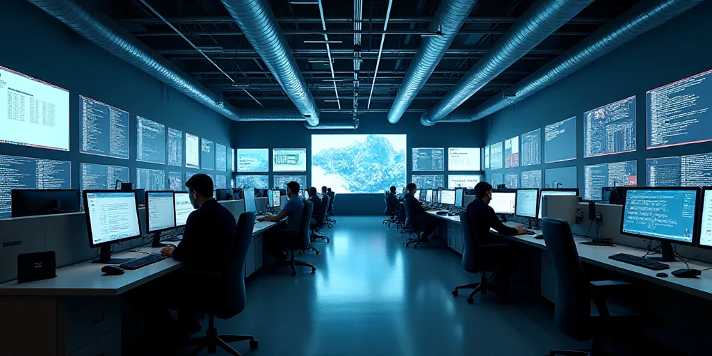 a large room with multiple monitors and tables in it's center area, with people working on computers