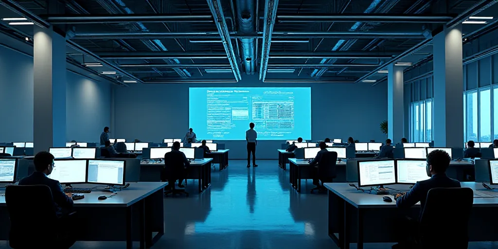 a large room with multiple monitors and tables in it's center area, with people working at tables, E
