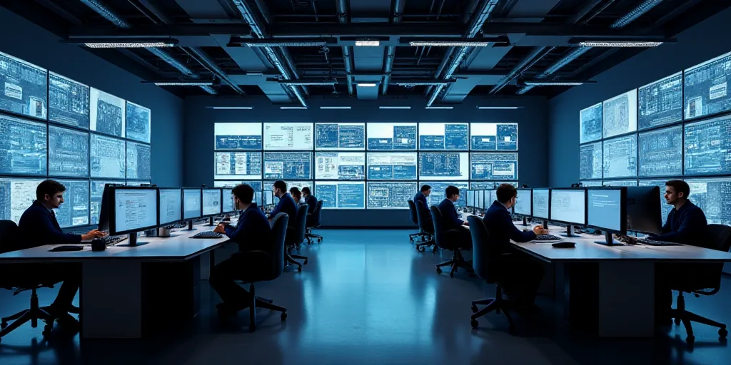 a large room with multiple monitors and tables in it's center area, with people working at tables, E