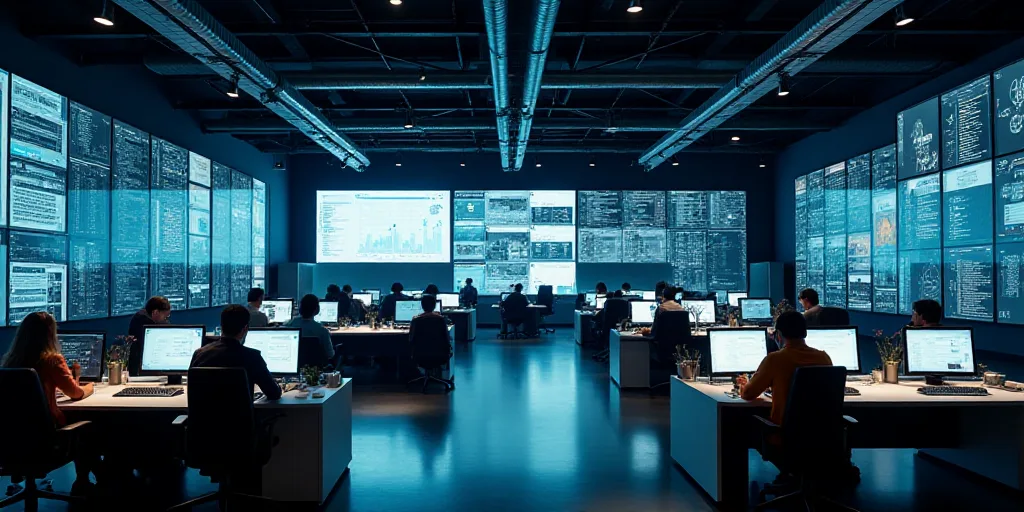 a large room with multiple monitors and tables in it's center area, with people working at tables, E