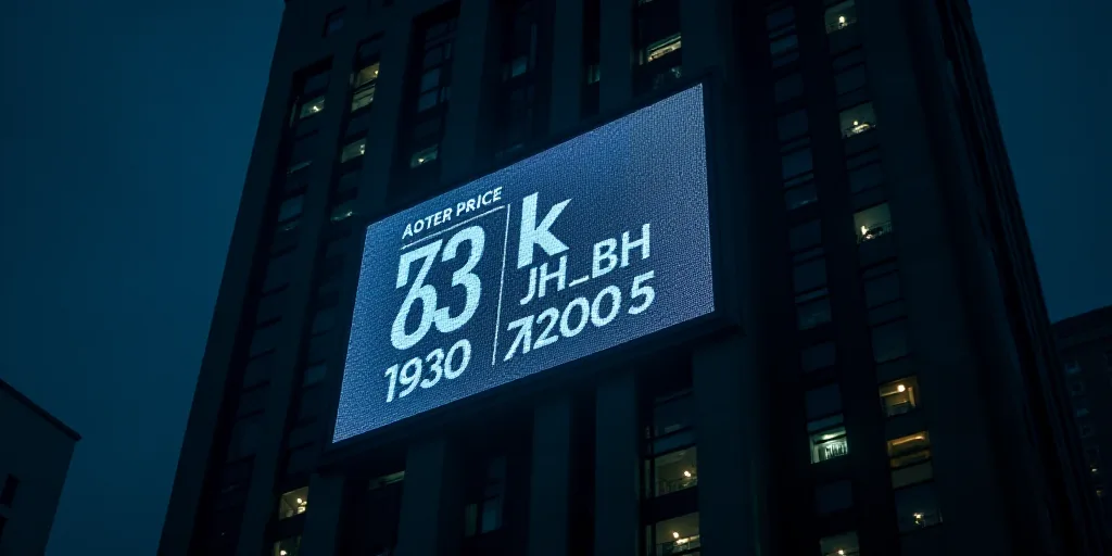 a large screen displaying the price of a building in the dark with a blue light on it's side, Bernar