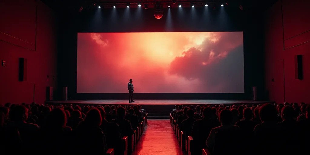 a large screen with a movie poster on it's wall above a stage with people standing on it, Avgust Če