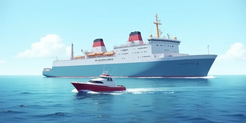 a large ship and a smaller boat in the water near each other in the ocean with a blue sky, Elizabeth