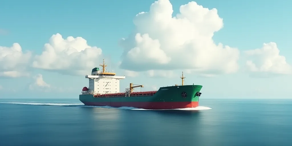a large ship in the middle of the ocean with a sky background and clouds in the background, with a r