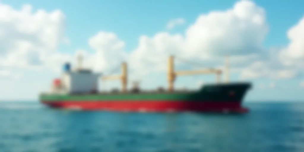 a large ship in the middle of the ocean with a sky background and clouds in the background, with a r