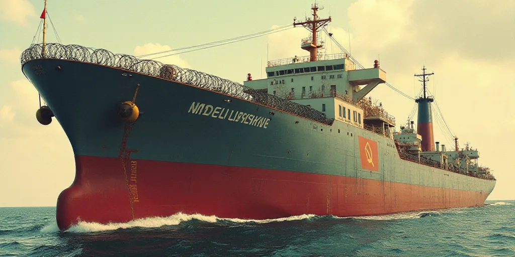 a large ship with a lot of barbed wire on it's side and a logo on the side, El Lissitzky, uhd 8 k, a