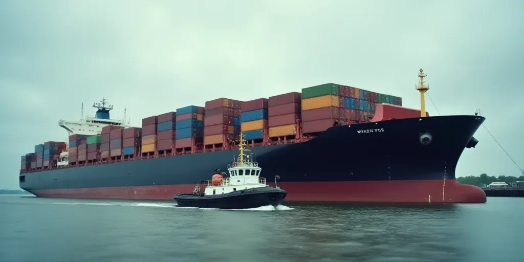 a large ship with a lot of containers on it's side in the water near a dock with a tug boat, Elizabe
