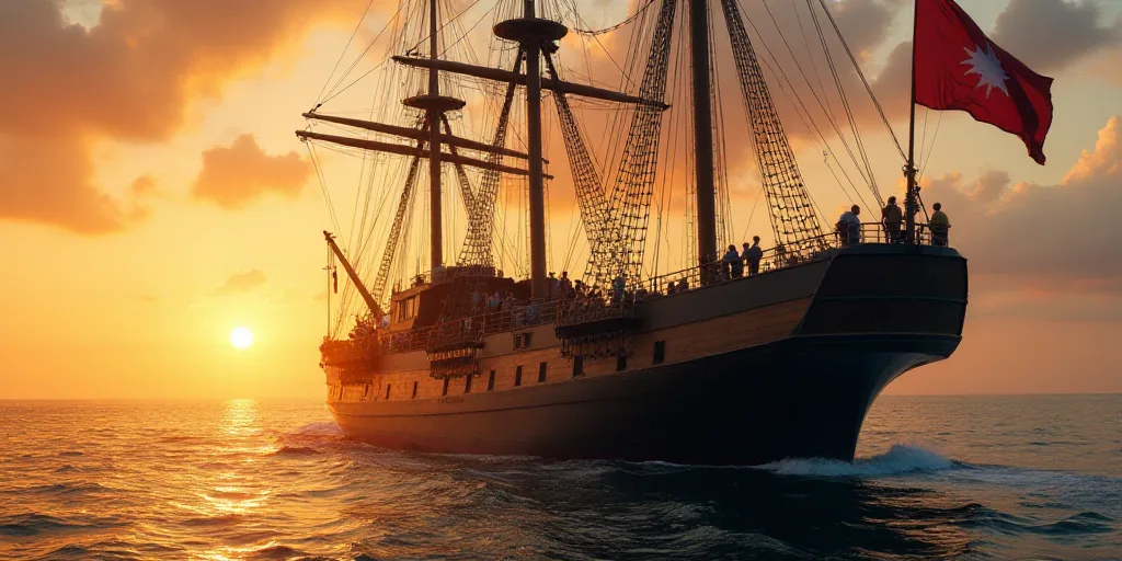 a large ship with people standing on it's deck at sunset or dawn with a flag flying in the wind, Fit