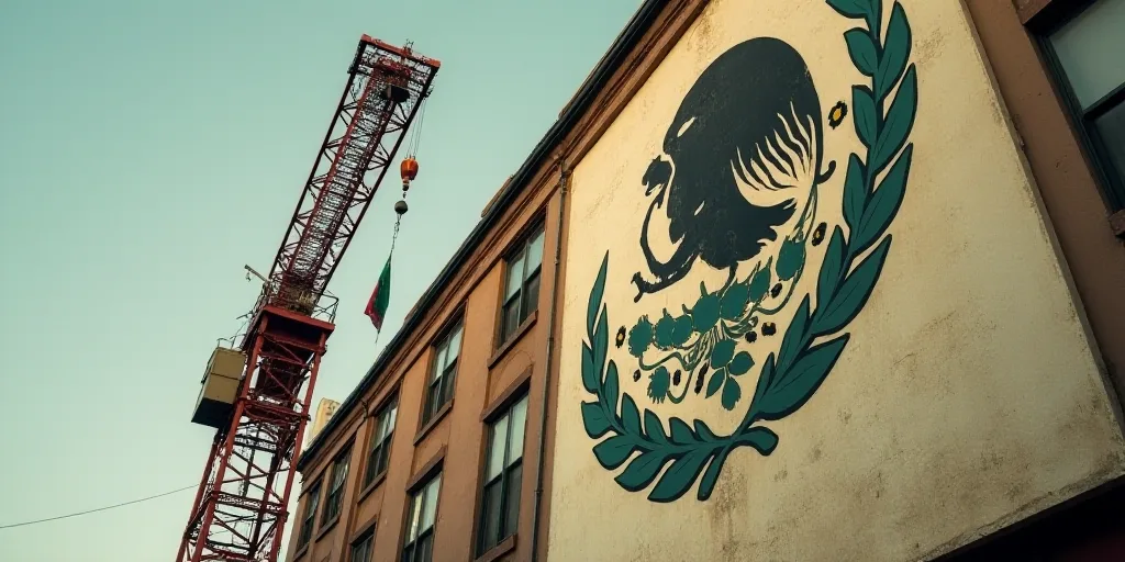a large sign hanging from the side of a building next to a crane with a mexican flag on it, David Al