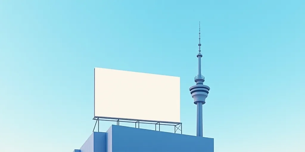 a large sign on a building with a tower in the background with a sky background behind it and a blue