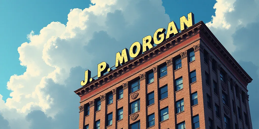 a large sign on the side of a tall building that says j p morgan on it's side, Ernest Morgan, no jag