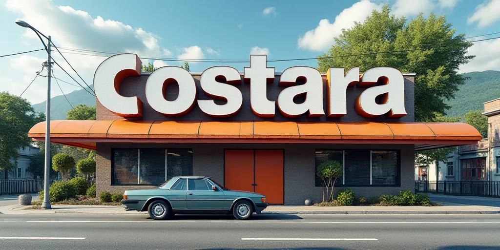 a large sign that says costara on the outside of a building with a car parked in front of it, Ayshia