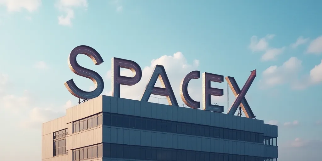 a large sign that says spacex on top of a building with a sky background and clouds in the backgroun