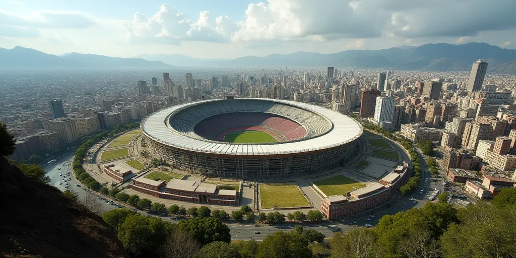 a large stadium with a lot of buildings in the background and a city in the foreground with mountain
