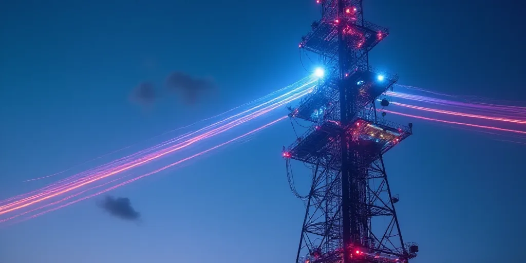 a large tower with many lights on it's sides and a sky background with a blue sky and purple and red