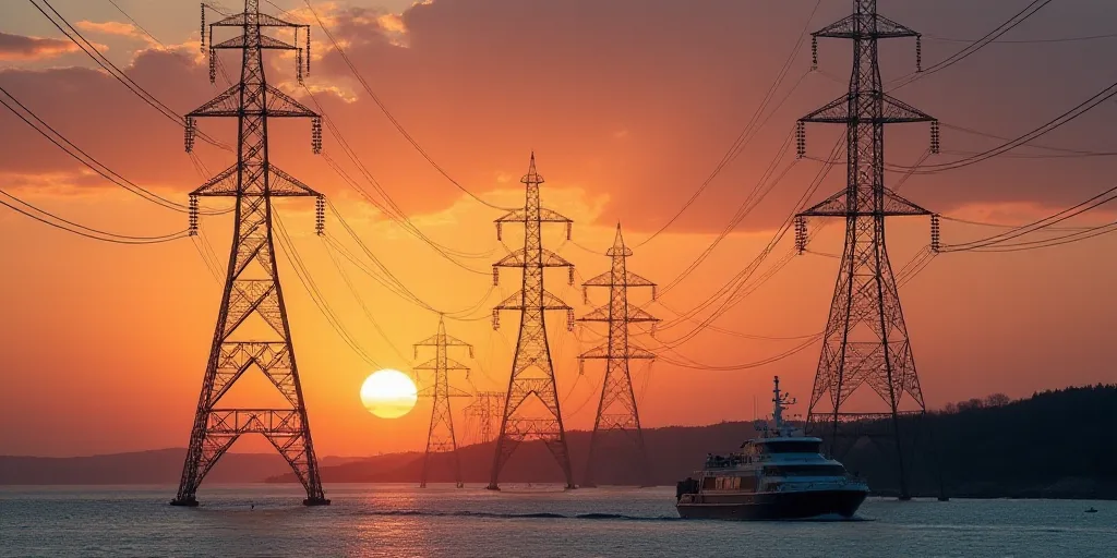 a large tower with many power lines above it at sunset or dawn or dawn or dawn, with a boat in the w