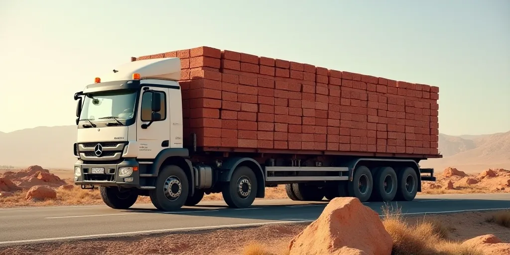 a large truck with a lot of red bricks on it's back end is parked on the side of the road, Bouchta E