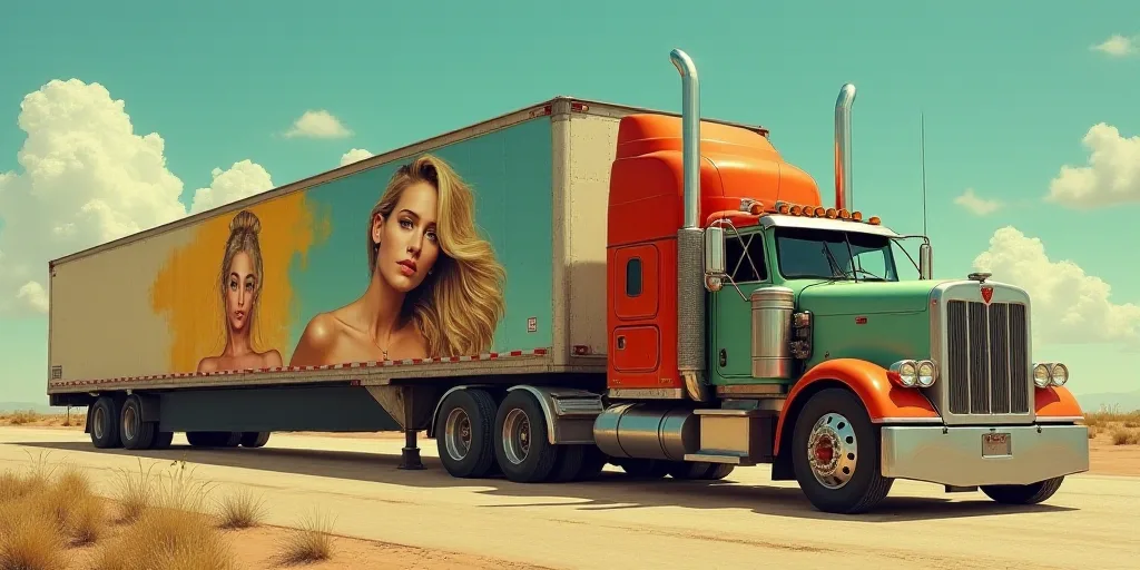 a large truck with a picture of a woman on it's side next to a large truck with a trailer behind it,