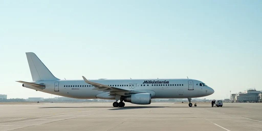 a large white airplane on a run way with a sky background and a building in the background with a fe