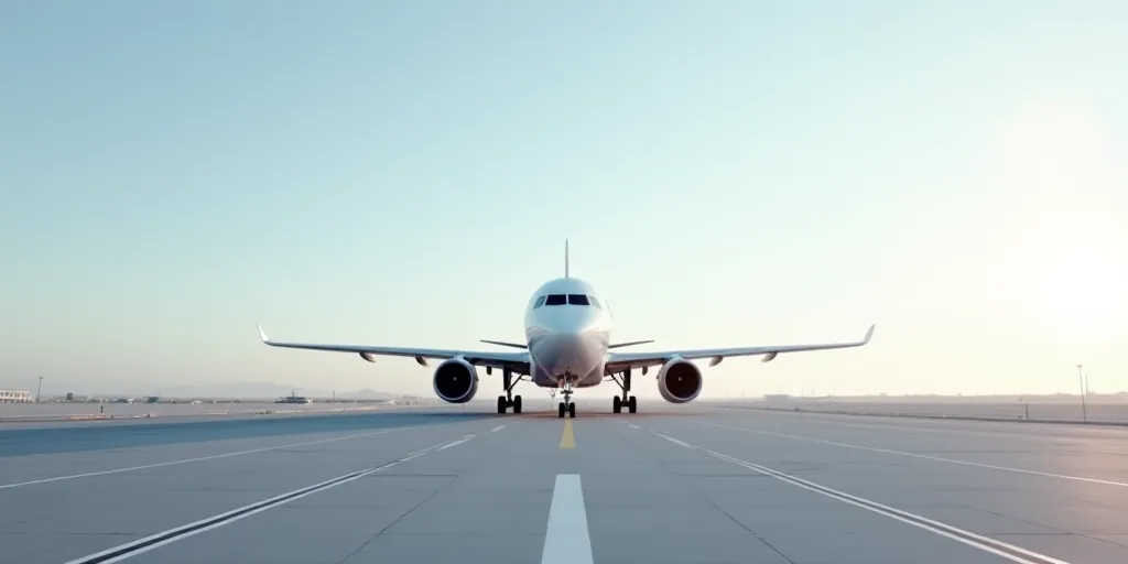 a large white airplane on a run way with a sky background and a few cars parked in the lot, Ei-Q, pr