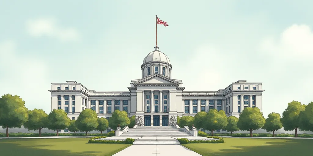 a large white building with a flag on top of it's roof and trees in front of it, Brenda Chamberlain,