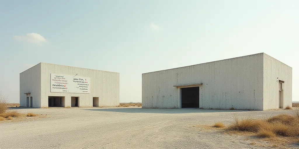 a large white building with a sign on it's side and a building with a large sign on it's side, Abdul