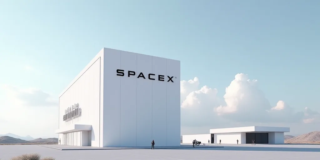 a large white building with a spacex logo on it's side and a sky background with clouds, Felix-Kelly
