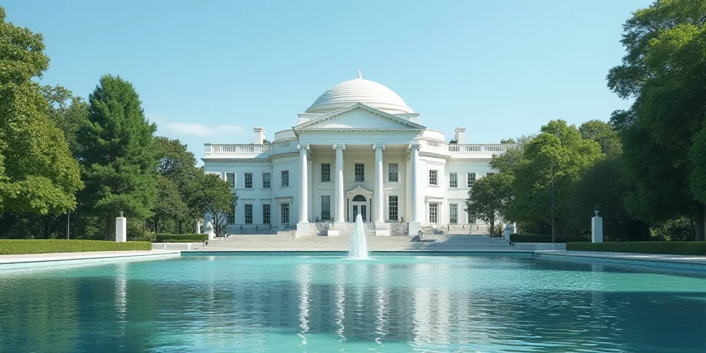 a large white building with a fountain in front of it and trees in front of it and a blue sky, Brend