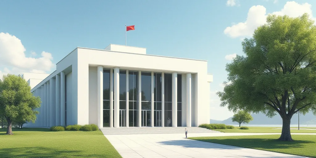 a large white building with columns and a flag on top of it's roof and a tree in front of it, Evelyn