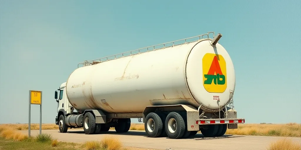 a large white tank with a yellow and green logo on it's side and a yellow and green sign on the side