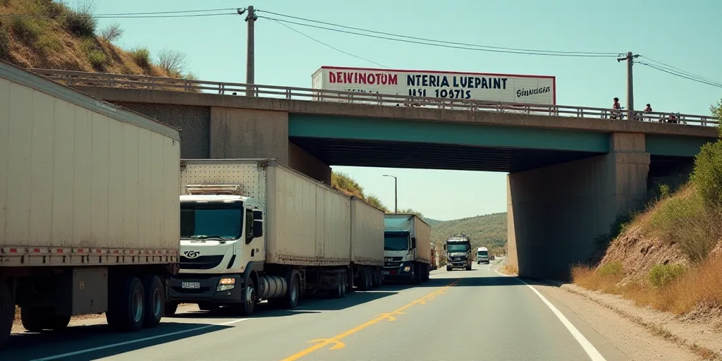 a line of trucks parked on the side of a road under a bridge with a sign above them that says,, Agus