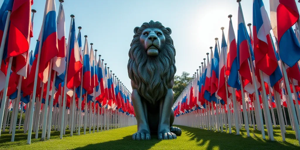 a lion statue surrounded by many flags and flags of different colors and sizes in a cemetery or ceme