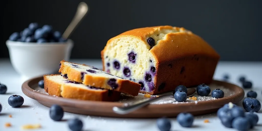 a loaf of blueberry bread cut in half and sitting on a table with a spoon and a cup of blueberries,