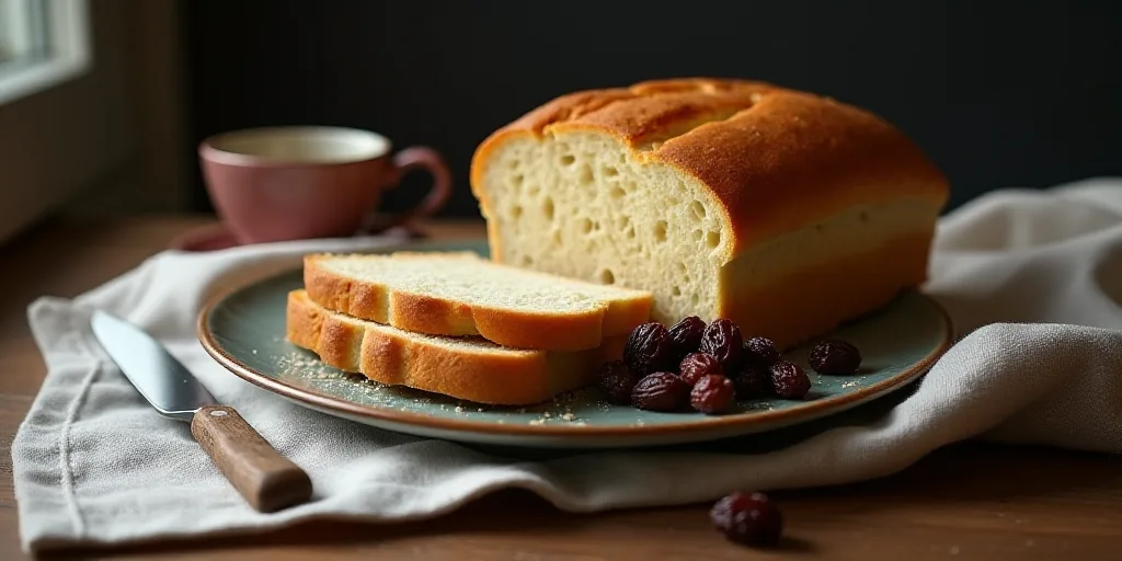 a loaf of bread and some raisins on a plate with a knife and napkin on a table, Boetius Adamsz Bolsw