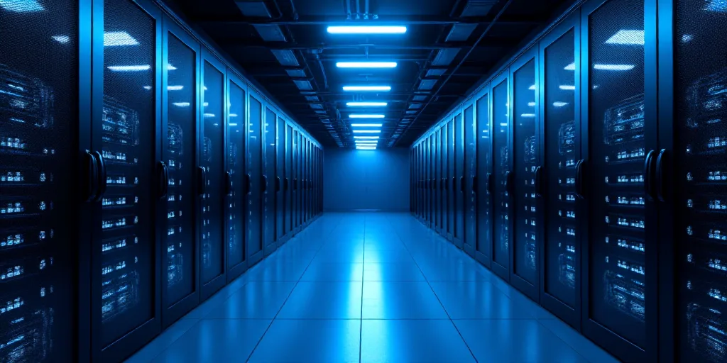 a long hallway with rows of servers in a data center with blue lights on the ceiling and flooring, A