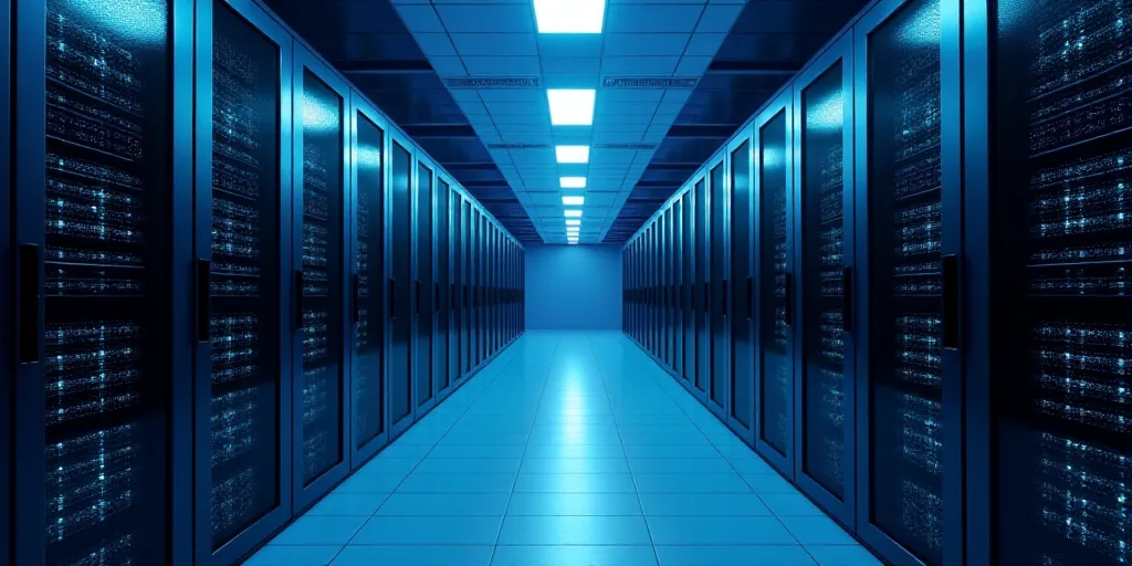 a long hallway with rows of servers in a data center with blue lights on the ceiling and a tiled flo